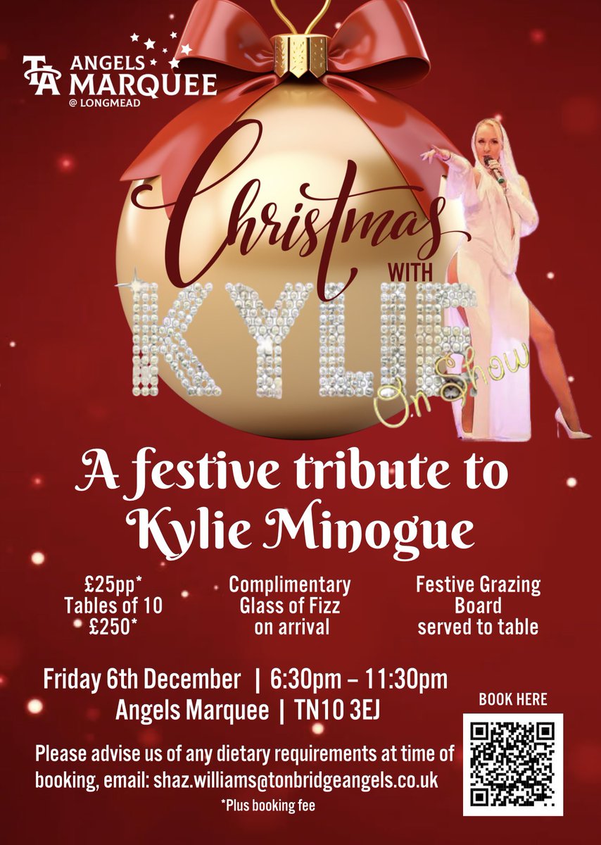 Christmas With Kylie

Kick off the festive season with a night dedicated to Kylie Minogue 

📍 Angels Marquee | TN10 3EJ 
🎟️ £25pp* | Tables of 10 £250 
⏰ Doors Open 6:30pm

<a href="/tonbridgeangels/">Tonbridge Angels</a> 
<a href="/angelsmarquee_/">AngelsMarquee</a> 

#Christmas #ChristmasParty #KentEvents #Tonbridge