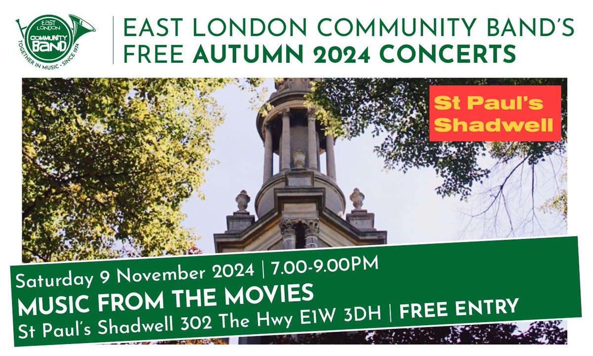 EastLondonCommunityBand (@elcb_social) on Twitter photo Next up we have a great FREE Music from the Movies Concert! 7pm-9pm at St Paul's Shadwell E1W, on this Saturday, 9th Nov.
With classic themes, Disney, sci-fi and many more-you're not going to want to miss this!
🎶🎷🎺 ❤️🎟️🎬
<a href="/ClassicFM/">Classic FM</a> <a href="/Portal_Trust/">The Portal Trust</a> <a href="/AAF1895/">Aldgate & Allhallows Foundation</a> <a href="/BBCLondonNews/">BBC London</a> Next up we have a great FREE Music from the Movies Concert! 7pm-9pm at St Paul's Shadwell E1W, on this Saturday, 9th Nov.
With classic themes, Disney, sci-fi and many more-you're not going to want to miss this!
🎶🎷🎺 ❤️🎟️🎬
<a href="/ClassicFM/">Classic FM</a> <a href="/Portal_Trust/">The Portal Trust</a> <a href="/AAF1895/">Aldgate & Allhallows Foundation</a> <a href="/BBCLondonNews/">BBC London</a>