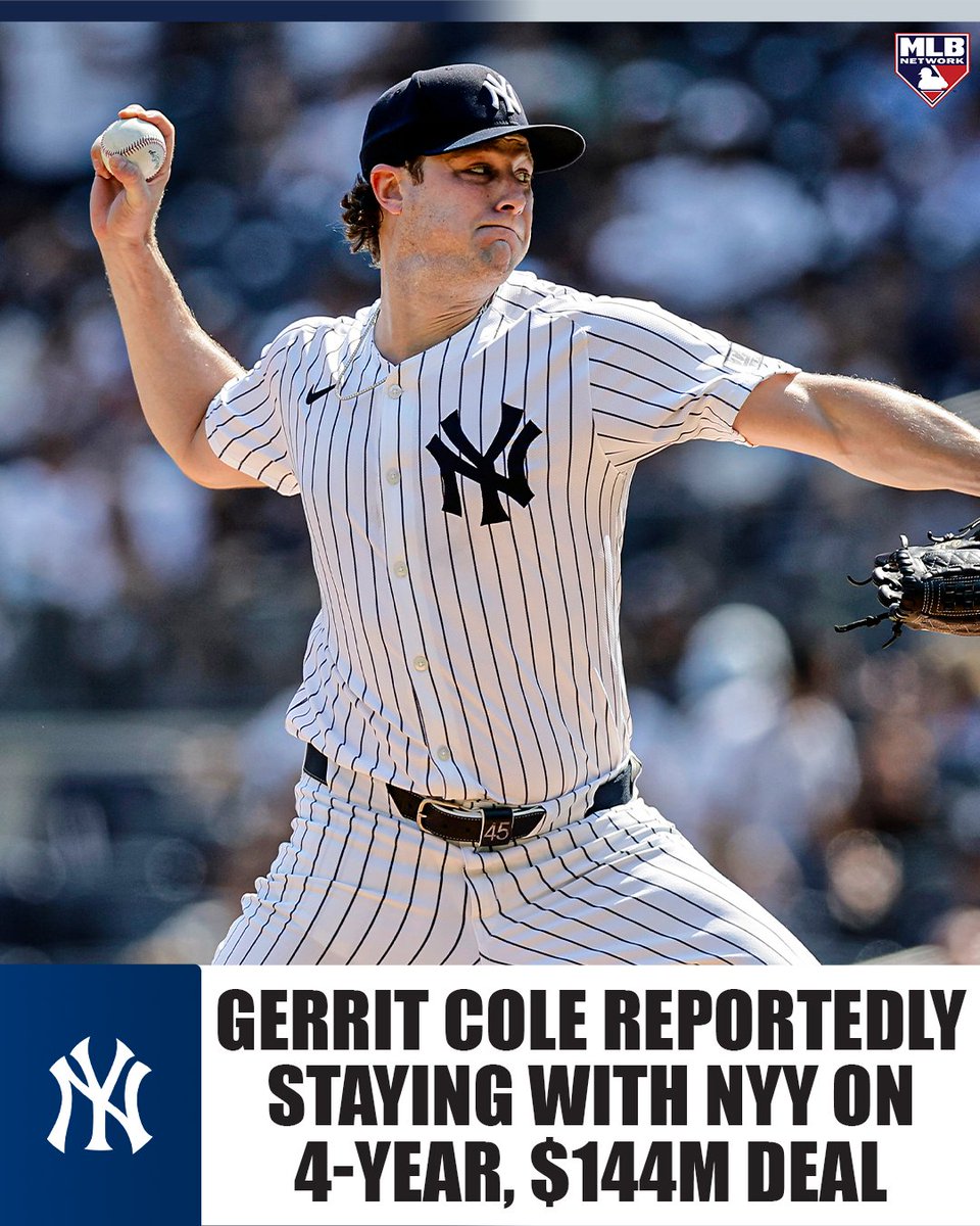 MLBNetwork's tweet photo. Yankees, Gerrit Cole reportedly agree on a 4-year contract to keep him in New York. https://t.co/6vytMtxTj5