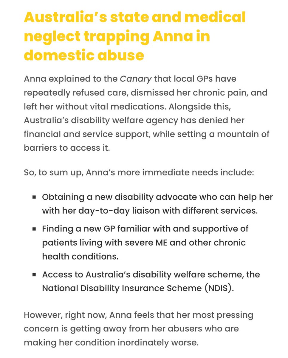 totemsunrise's tweet image. Anna (@halcionandon) has severe #MECFS, #LongCovid, and more, and is trapped in a #domesticabuse situation in #Melbourne, #Australia. She needs a safe place to live: 
thecanary.co/global/world-a…
 - @TheCanaryUK 

#Auspol #Auspol2024 #KeepFolksAlive #MutualAid #OngoingNeeds