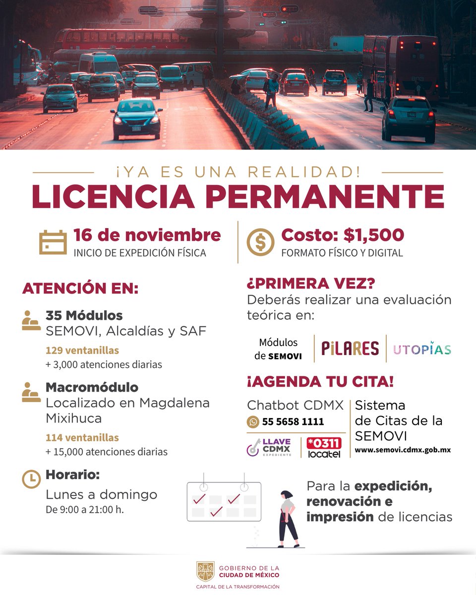 #CapitalDeLaTransformación | 🥳 ¡La espera terminó! 🚗

🛻 A partir del 16 de noviembre, podrás tramitar tu Licencia de Conducir Permanente. 😉 Si ya cuentas con la licencia tipo A, ✨¡cámbiala a Permanente directamente en la #AppCDMX o en los módulos de <a href="/LaSEMOVI/">Secretaría de Movilidad CDMX</a>! 🤩

🚨 OJO 👀: