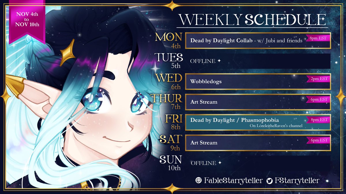 Weekly schedule ✧ Nov 4th - Nov 10th✧

We've got 2 collabs and 2 art streams planned for this week! My goal for the month is to do more art streams and I'd love it if you'd join me!

See you there Wishlings!