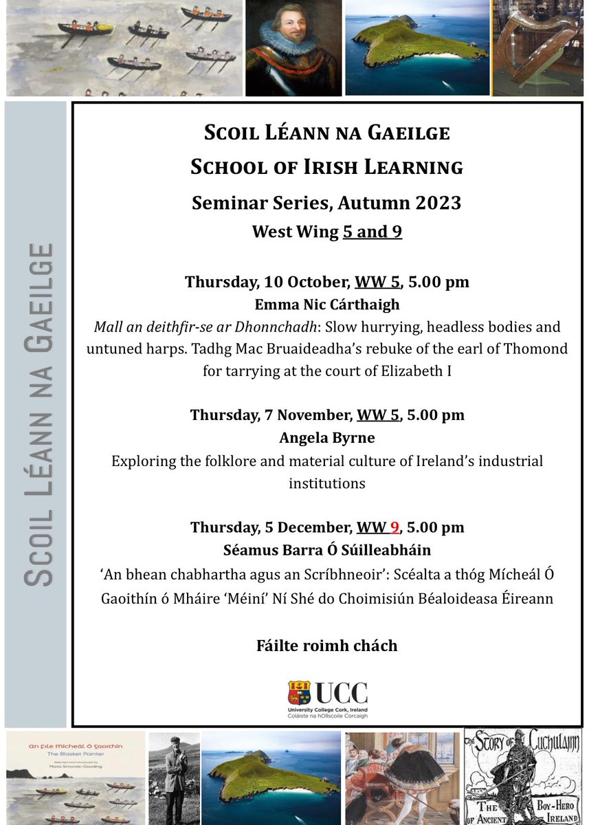 Scoil na Gaeilge’s Seminar Series continues this Thursday with <a href="/MellisAngie/">Angie Byrne</a> who will give a talk entitled ‘Exploring folklore &amp; material culture in Ireland’s industrial schools’. The seminar begins at 5pm in WW5 &amp; open to all. Fáilte roimh cách.