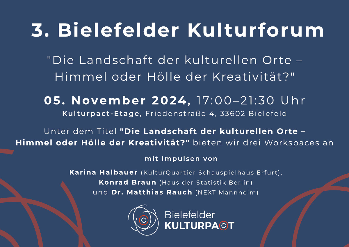 Die Landschaft der kulturellen Orte - Himmel oder Hölle der Kreativität? Dieser Frage darf ich am 05.11.24 mit Kulturschaffenden &amp; Kreativen aus Bielefeld in Form eines Impulses beim 3. Bielefelder Kulturforum nachgehen. Alle weiteren Infos: kulturpact.de/kulturforum/