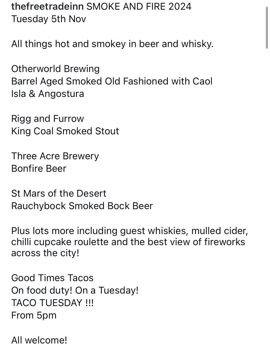 Smoke and Fire 2024
A bonfire night celebration with <a href="/GoodtimesTacos/">Goodtimes Tacos</a> 

All welcome 
🎆 🌮 🍺 🧁 🎇