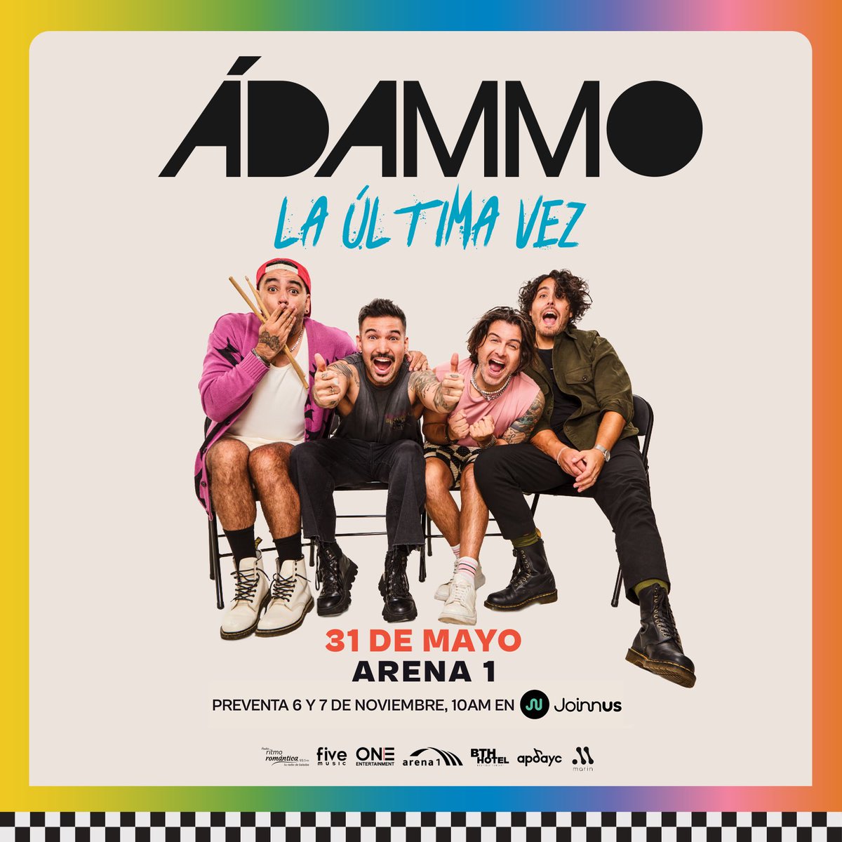 ¡ES OFICIAL!
Ádammo #LaUltimaVez Inicia la preventa con 25% de descuento este miércoles 06 de Noviembre a las 10 AM por <a href="/joinnus/">Joinnus</a> con cualquier medio de pago 🖤

*Boletos en Preventa 06 y 07 de Noviembre o hasta agotar stock.