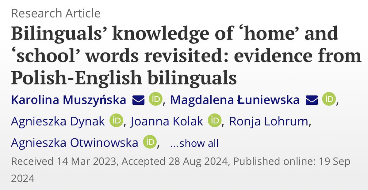 🧵1/6 Our new study with <a href="/magda_luniewska/">Magdalena Łuniewska</a> <a href="/karolinamusz/">Karolina Muszyńska</a> et al shows #bilingual kids often hear different words at home and school. Unlike monolinguals, they rarely hear the same word across both settings; but then they do, they are on par with monolinguals
t.ly/jbkok