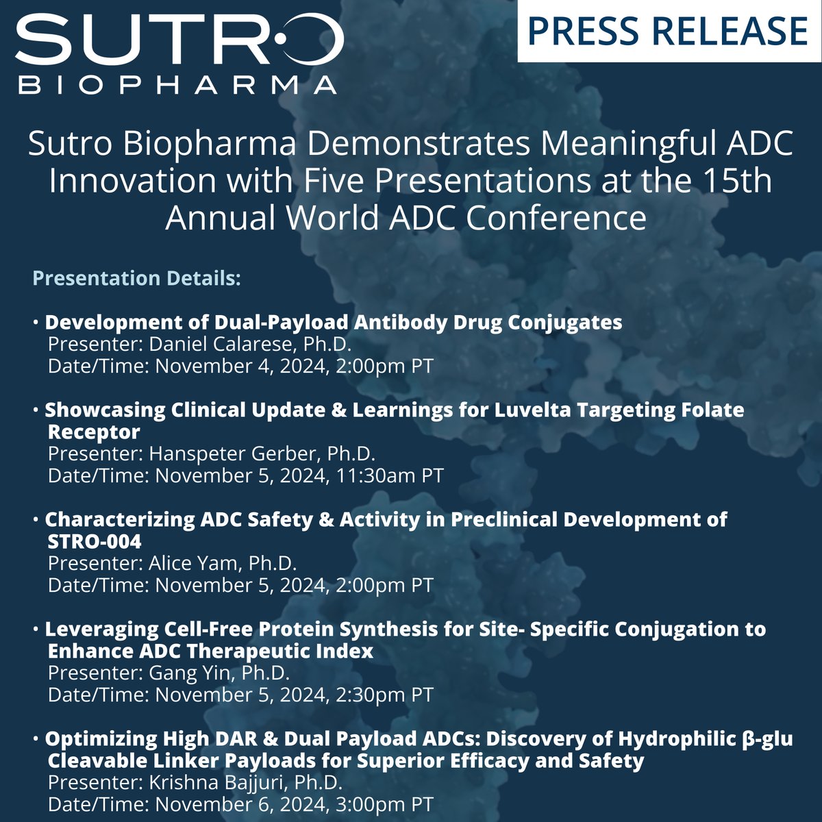 Sutro’s innovative work in ADCs will be highlighted in five presentations at the 15th Annual World ADC Meeting. We're dedicated to advancing science for the benefit of patients. For more info, ir.sutrobio.com/news-events/ne…… #WorldADC  #SutroBio  #InnovationInScience #WADC
