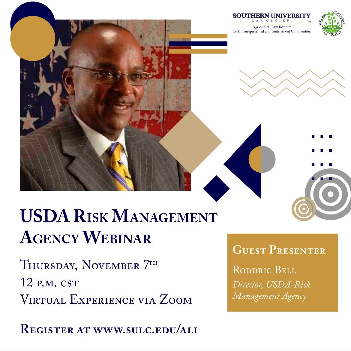 Join #SULC's Office of Innovation and Strategic Partnerships and Initiatives through its Agricultural Law Institute for a discussion on Risk Management this Thursday, November 7th at noon.

Register now at sulc.edu/ali

#SULC #USDA #RiskManagement