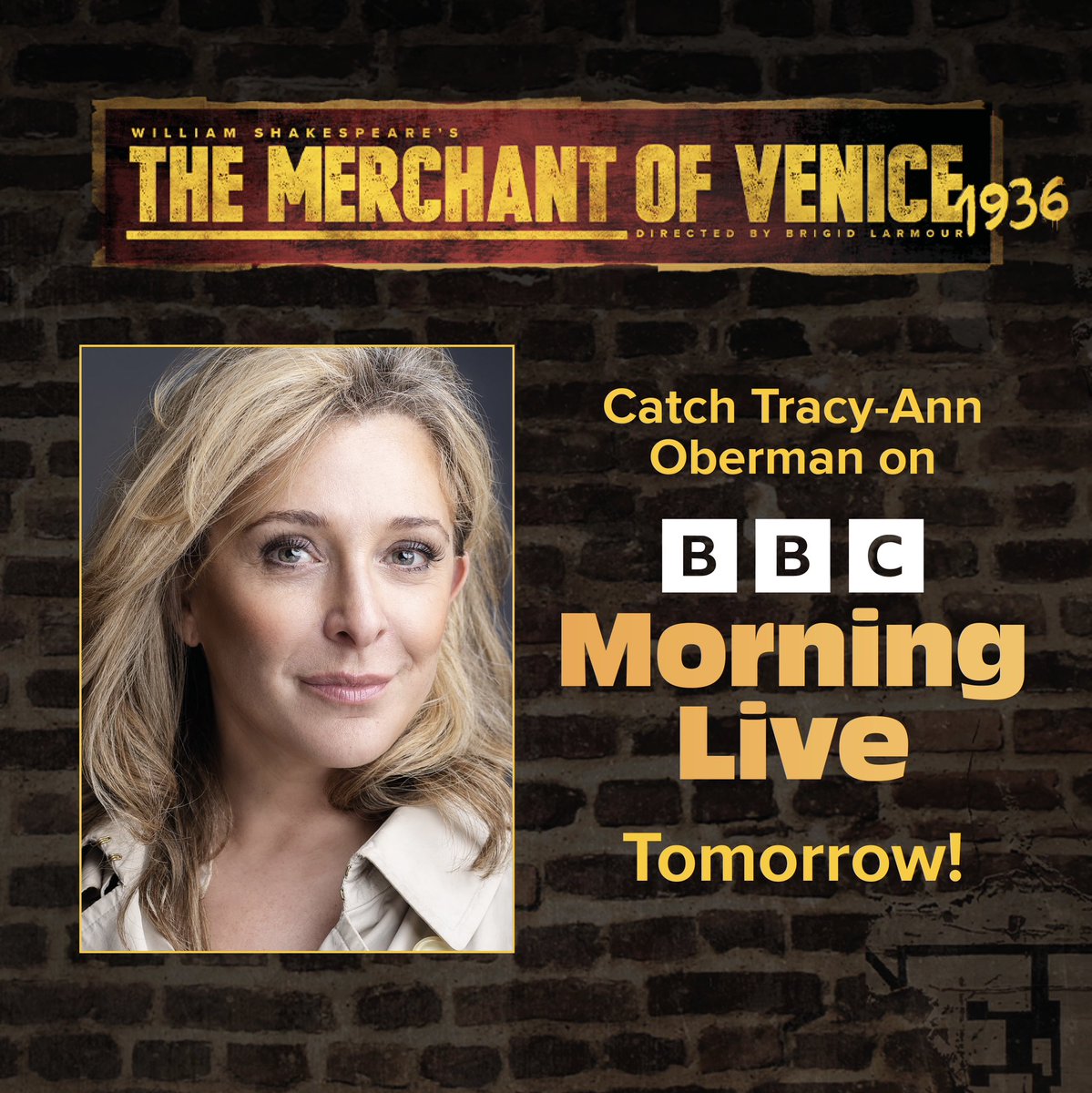 Catch <a href="/TracyAnnO/">Tracy-Ann Oberman MBE</a> on <a href="/BBCMorningLive/">BBC Morning Live</a> tomorrow from 10:20am! ♥️ 
 
She’ll be discussing bringing our “striking and impactful” (Guardian) production back to London, after a sell-out season at the RSC and Criterion Theatre! ⚖️

Don’t miss it! #MerchantOfVenice1936