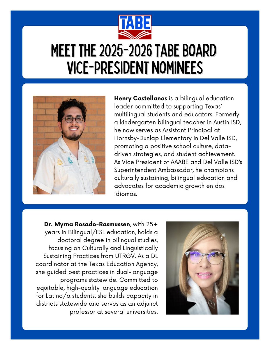TA4BE's tweet image. 📣 Exciting news! Introducing the nominees for TABE’s 2025-2026 Board positions of Vice-President and Secretary! 🗳️ All current TABE members will receive an email with voting instructions, from 11/04 to 12/02. Make your voice heard and support the future of #bilingual education!