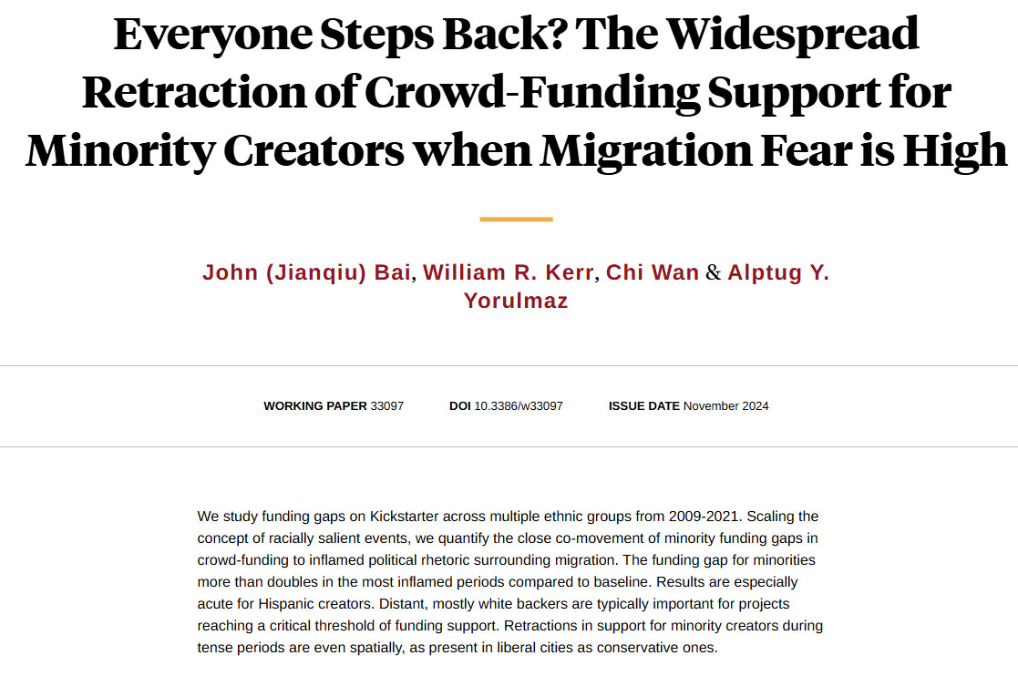nberpubs's tweet photo. Inflamed political rhetoric surrounding migration can double the funding gap experienced by minorities on crowd-funding sites, from John (Jianqiu) Bai, @william_r_kerr, Chi Wan, and Alptug Y. Yorulmaz https://t.co/9u4b06BEBP https://t.co/zFJFtxtKfi
