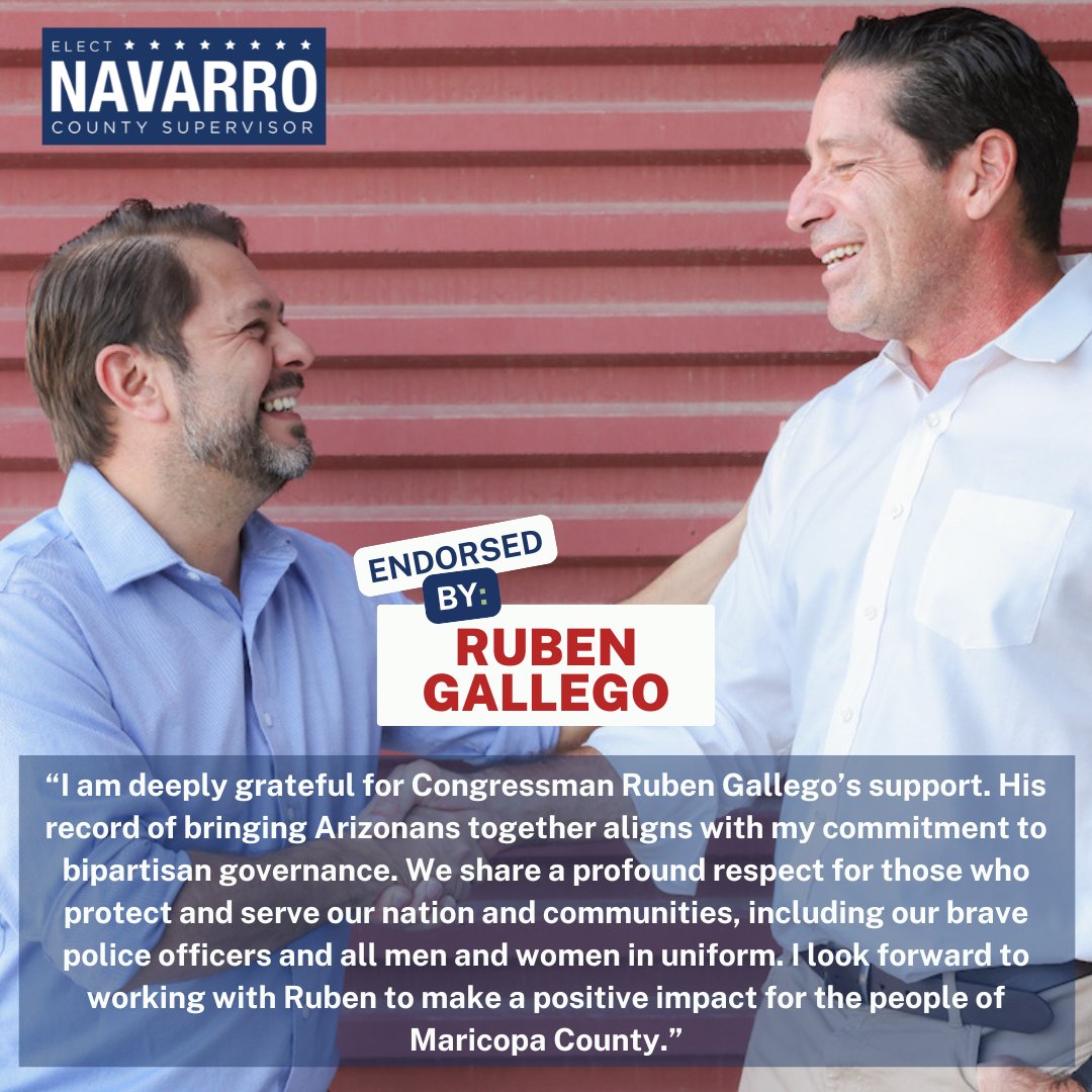 Honored to have the support of <a href="/RubenGallego/">Ruben Gallego</a>. His record of bringing Arizonans together reflects my commitment to bipartisan governance. We share respect for those who serve our nation &amp; communities, including our police. #JoelForSupervisor #MaricopaCounty