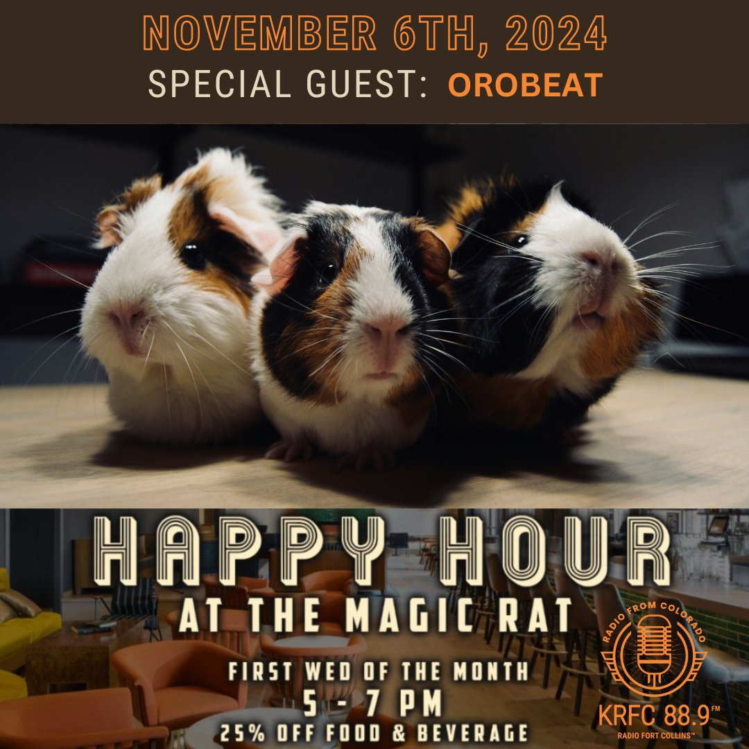 Join us for Happy Hour on Wed. 11/6 from 5-7 PM at The Magic Rat in The Elizabeth Hotel in downtown Ft. Collins. Our guest artist is Orobeat!

#nocomusic #communityradio #wednesday #happyhour #krfcfm #orobeat