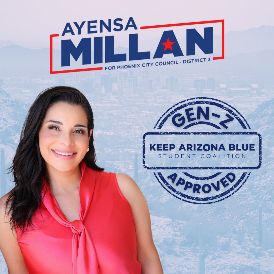 Ayensa Millan for Phoenix City Council (@millanforphx) on Twitter photo Your vote is your voice! That’s why I’m excited about <a href="/keepazblue/">Keep Arizona Blue Student Coalition</a>’s support for my campaign for Phx City Council. As an endorsed candidate, I pledge to empower young voices so that the next generation is central to the policies & issues that will affect them for decades to come. Your vote is your voice! That’s why I’m excited about <a href="/keepazblue/">Keep Arizona Blue Student Coalition</a>’s support for my campaign for Phx City Council. As an endorsed candidate, I pledge to empower young voices so that the next generation is central to the policies & issues that will affect them for decades to come.