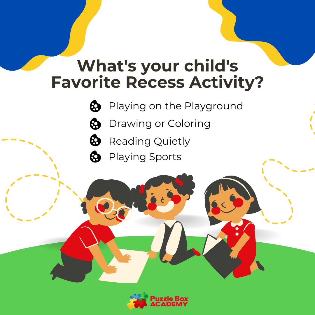 puzzleboxacadem's tweet image. What’s your child’s favorite way to spend recess? Is it swinging on the playground, diving into a good book, or playing their favorite sport? Let us know below! 👇 
#RecessTime #PlayAndLearn #ChildhoodJoy #ActiveKids