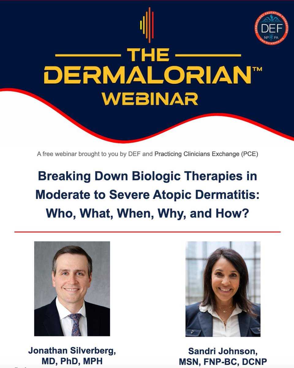 DermNPPA's tweet photo. Join us tomorrow, Nov 5 at 8 PM, for a free CME webinar on atopic dermatitis treatment updates. Featuring Jonathan Silverberg, MD, PhD, MPH, and Sandri Johnson, MSN, FNP-BC, DCNP. https://t.co/YX7E4Tui30