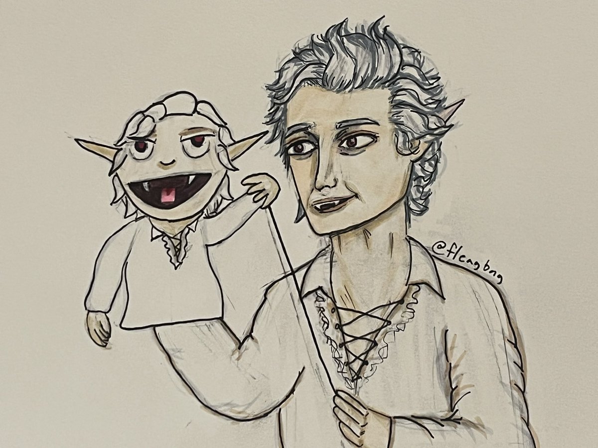 fleagbag's tweet photo. Just drew Astarion holding Puppet Astarion <3 
Puppet Astarion made by @/bokkicat ! @NeilNewbon @Devilligan https://t.co/CN0zOD6780