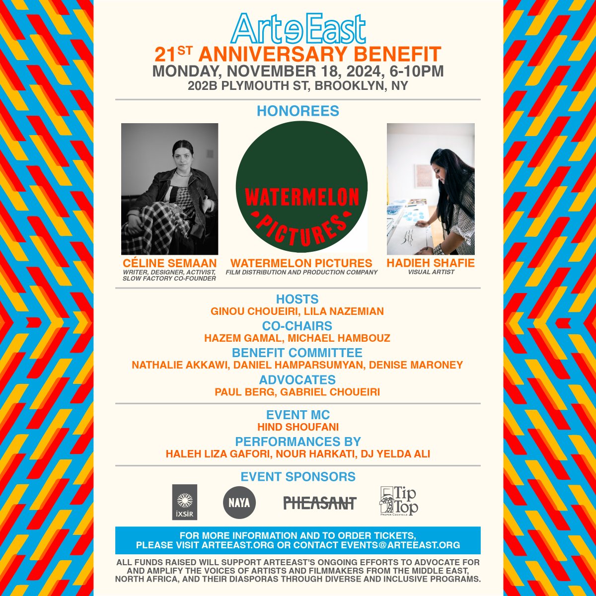Join us for this epic evening celebrating over two decades of ArteEast's commitment to amplifying the voices of artists from the MENA region! arteeast.networkforgood.com/events/76074-a…