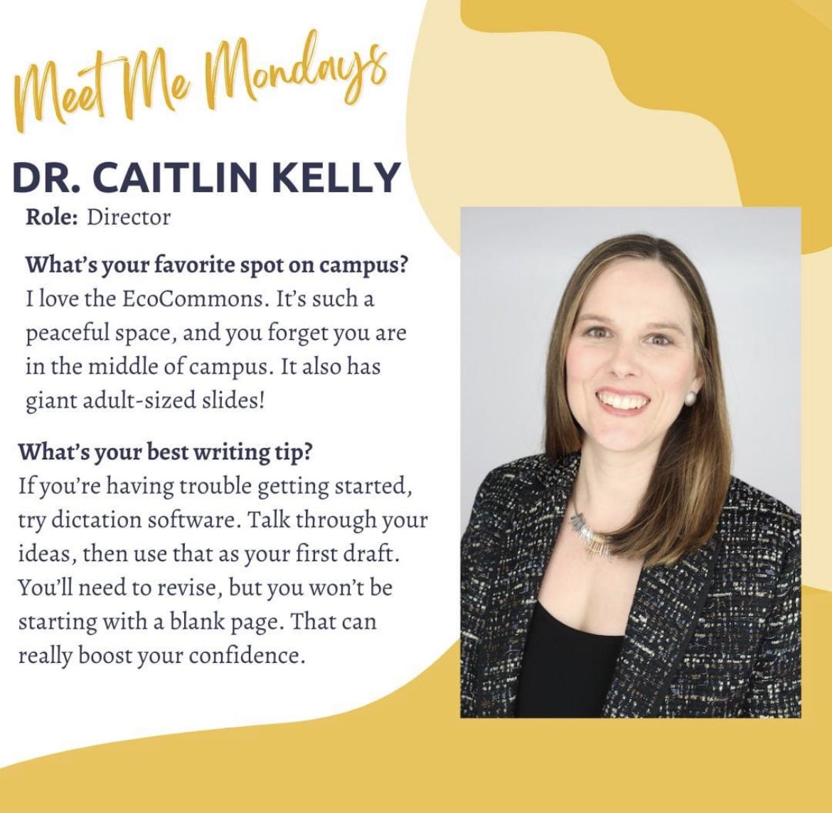 Meet our Director, Dr. Caitlin Kelly! She's working behind the scenes doing outreach &amp; developing programs like the Dissertation Accelerator for grad students and TechWrites for faculty. In the summer, you can find her on the tutoring schedule too! #georgiatech #writingcenters