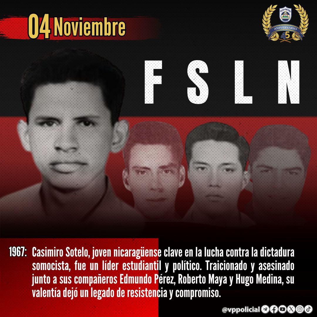 #Nicaragua 

Conmemoramos el 5️⃣7️⃣ aniv. del tránsito a la inmortalidad de Casimiro Sotelo, quien junto a otros Cros. ofrendaron su vida para ver una Nicaragua libre ❤️🖤

La sangre de estos Héroes es abono que hoy florece en esta tierra libre y Bendita. 

#45JuntoConLaComunidad