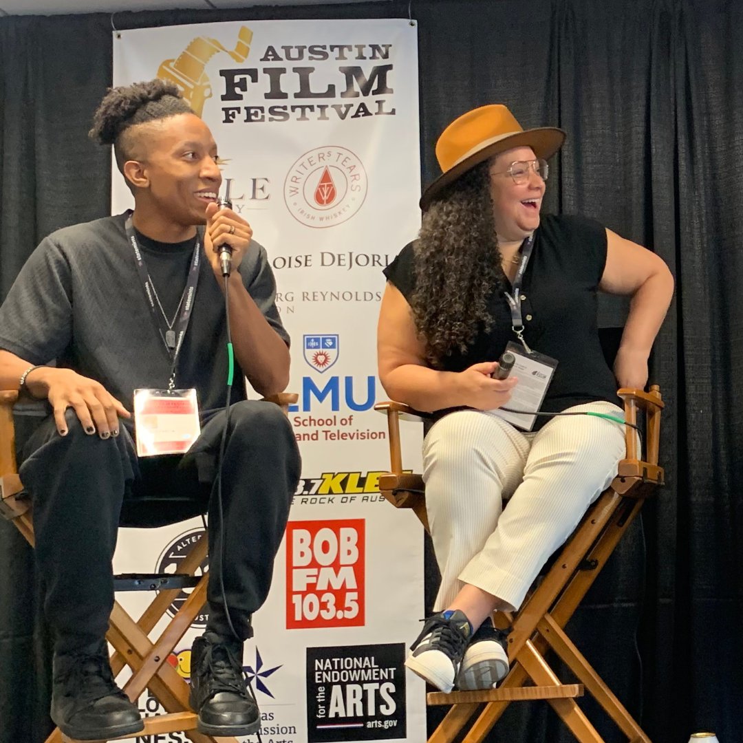 LMUsftv's tweet photo. #AustinFilmFest welcomed #LMU 📸 Alumni Chaz Hawkins (@falloutonprime), Rebecca Murga (@WillTrentABC), Ese Shaw (#JuryDuty), and Jen Howell (#LopezVsLopez) join a panel moderated by Prof. Karol Hoeffner on building career momentum after getting your first writing job. Go Lions! https://t.co/9OLt98iW3w