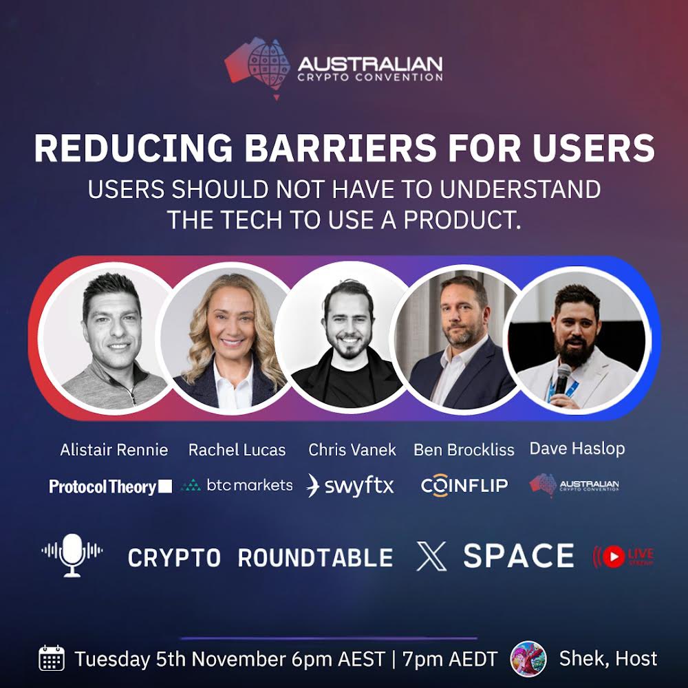 AusCryptoCon's tweet photo. Join us LIVE on X this evening for another #CryptoRoundtable - Let's dive into Reducing Barriers for Users, with Alistair from @protocoltheory, Rachel from @BTCMarkets, Chris from @SwyftxAU, Ben from @CoinFlip and @Davo_TCD from #AusCryptoCon. Hosted by @ShekCreator.
๐ Set a reminder:ย
https://t.co/dosN8jRqHR
#AusCryptoCon #crypto #web3