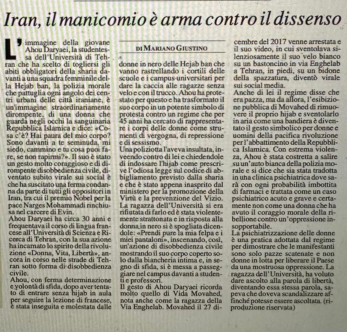MarianoGiustino's tweet photo. "Iran, Il manicomio è arma contro il dissenso", martedì 5 novembre, su @MilanoFinanza.
- In 3.700 battute, cosa è successo sabato all'Università di #Tehran? 
- Tutto sulla straordinaria azione di disobbedienza civile messa in atto dalla studentessa #AhouDaryaei. 
- Il messaggio dirompente della sua azione e il tentativo di farla passare per "matta".
- Le molestie della polizia morale alle donne del campus universitario. 
- L'arresto della giovane eroina; dove è stata condotta Ahou Daryaei? 
- Come sta la ragazza dopo essere stata brutalmente pestata dalla polizia morale? 
Buona lettura!

@RadioRadicale #Turchia #Iran