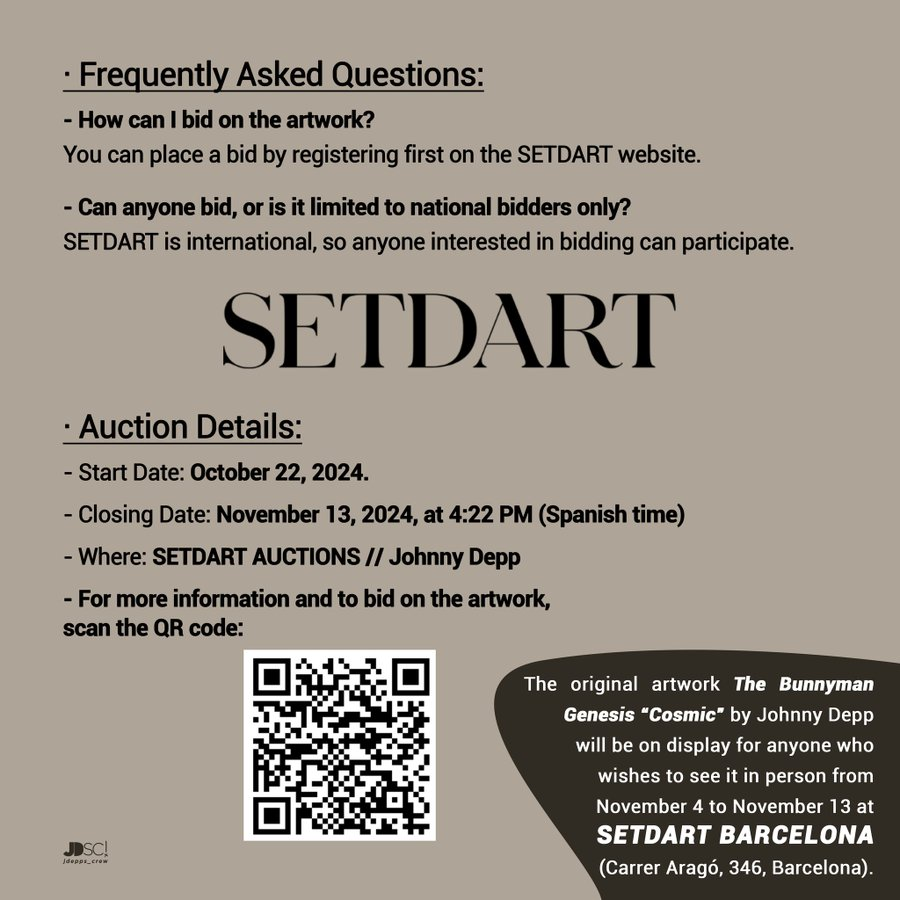 ireneHa20242849's tweet photo. An online #auction has opened on #SETDART where you can bid on & acquire this original work from the series The #Bunnyman Genesis “Cosmic”. The piece, presented in a custom-made folder, also includes a Certificate of Authenticity signed by #JohnnyDepp.- For more information👇 https://t.co/6qAxEGROye