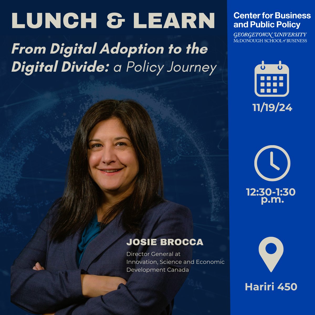 Join us on Nov 19 for "From Digital Adoption to the Digital Divide: A Policy Journey" with Josie Brocca, Director General at Connected Canada Branch 🇨🇦. Discover insights on bridging digital gaps &amp; Canada’s $3B Universal Broadband Fund!

🔗 Register: msbgeorgetown.campusgroups.com/bga/rsvp_boot?…