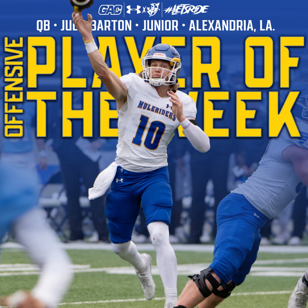 𝐀𝐬 𝐢𝐟 𝐭𝐡𝐫𝐞𝐞 𝐰𝐚𝐬 𝐞𝐧𝐨𝐮𝐠𝐡😎

🤯 Judd Barton seizes his 𝐅𝐎𝐔𝐑𝐓𝐇 #theGAC Offensive Player of the Week honor this season‼️‼️

💥 26/44 passing
💥 374 passing yards | 3 TDs
💥 397 total yards | 4 total TDs

#GoMuleriders | #LetsRide