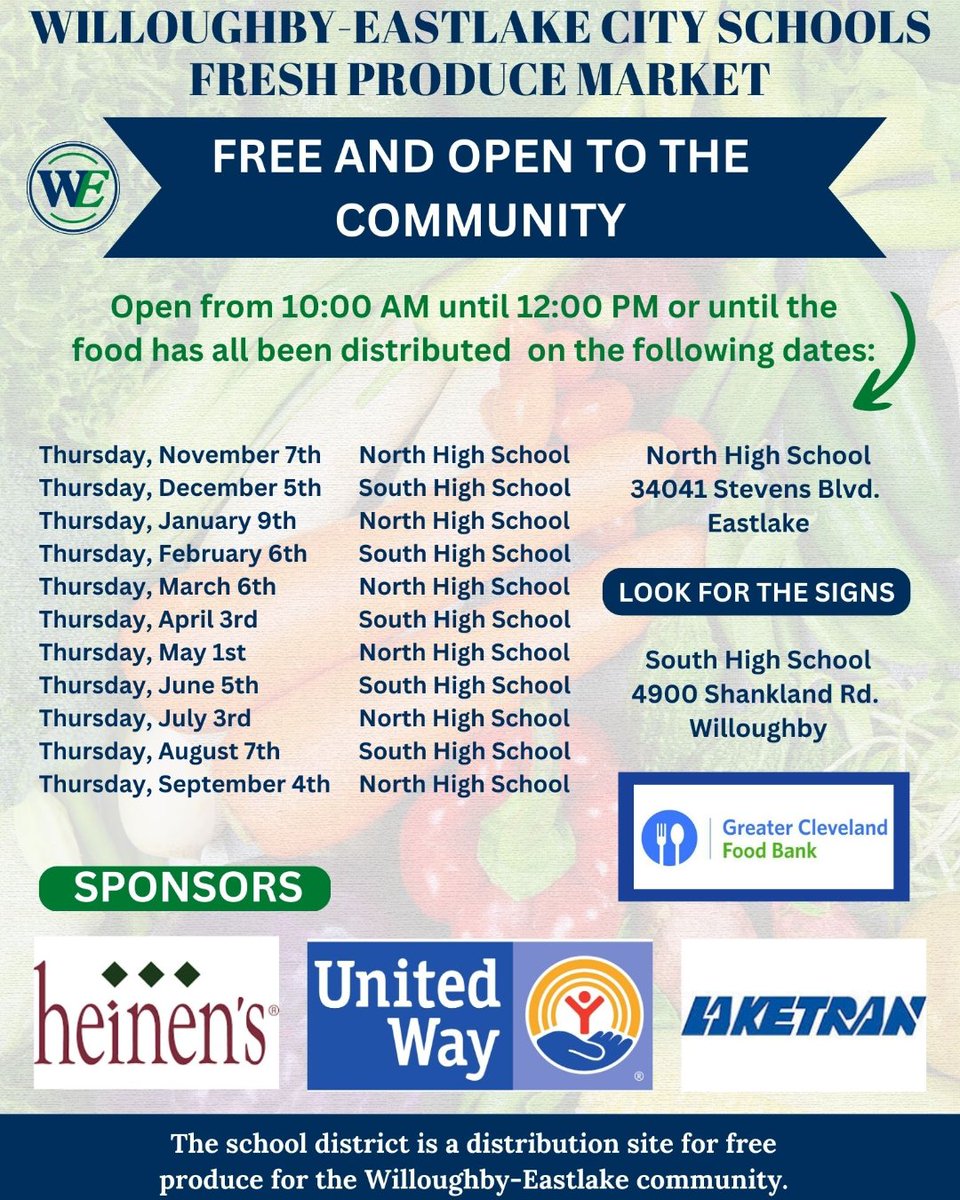 🥕🍌 School Produce Market is Thursday, November 7th, 10 a.m.
🫑 North High School, 34041 Stevens Boulevard, Eastlake. 
🍅 Drive up and volunteers will put the produce in the car for you. 
🥦 #WEcareforthecommunity #mychoicewilloughbyeastlake