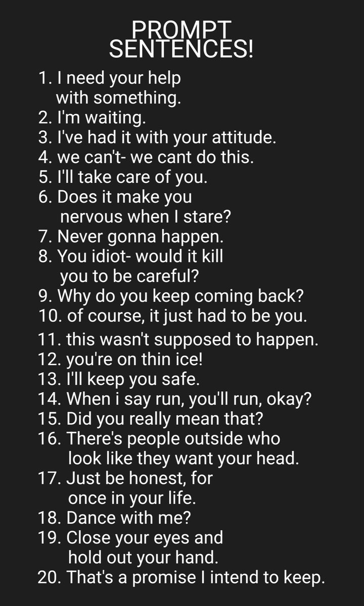 buffdeer's tweet image. ⠀
⠀ ⸺ STARTER CALL ! ⸺
⠀&amp;lt; like &amp;gt; this post and I'll write
⠀us a starter with a random
⠀sentence from the list

⠀⠀⠀⠀⠀⠀⠀⠀or

⠀&amp;lt; comment &amp;gt; which
⠀number you want used!
⠀