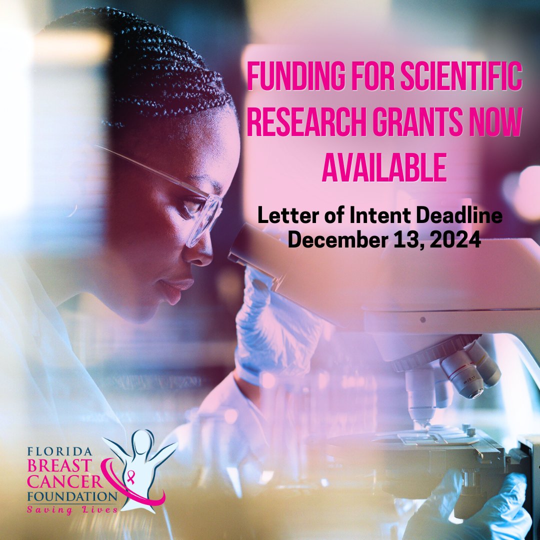 As we continue to pursue revolutionary research that will drive impactful progress, the Florida Breast Cancer Foundation (FBCF) announces that funding is now available for Scientific Research grants for #breastcancer. Learn more at floridabreastcancer.org.