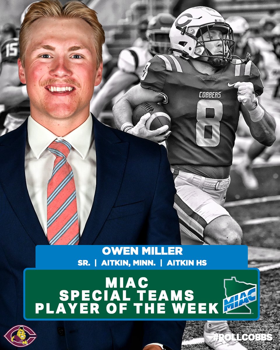 𝗖𝗢𝗥𝗡𝗚𝗥𝗔𝗧𝗦 to football senior Owen Miller⬇️, who was named the MIAC Special Teams Player of the Week. Miller had one of the plays of the game in CC's win over Augsburg when he returned the opening kickoff of the 2nd half for a TD!

𝗗𝗘𝗧𝗔𝗜𝗟𝗦: tinyurl.com/53j5em8e