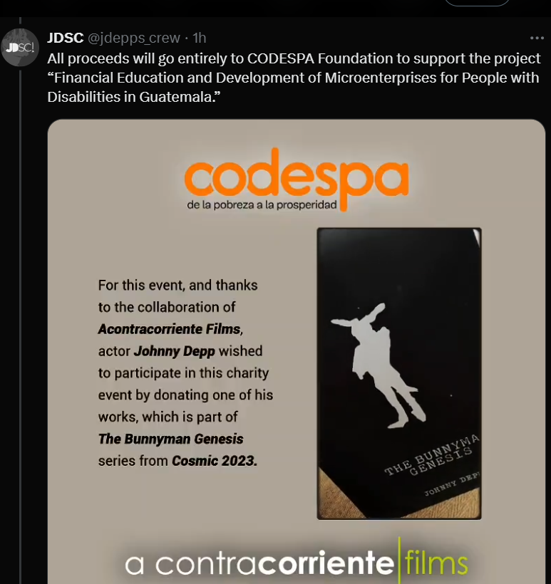 ireneHa20242849's tweet photo. An online #auction has opened on #SETDART where you can bid on & acquire this original work from the series The #Bunnyman Genesis “Cosmic”. The piece, presented in a custom-made folder, also includes a Certificate of Authenticity signed by #JohnnyDepp.- For more information👇 https://t.co/6qAxEGROye