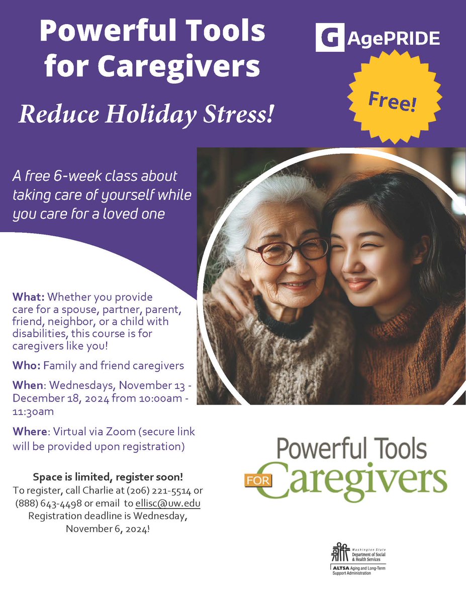 Olympic3A's tweet image. Caregivers across the state of Washington are invited to participate in a 6-week class about taking care of themselves while caring for a loved one. If you are a caregiver, this class is for you!

Space is limited. Register by 11/06.

#Caregivers #SelfCare #ALTSA #Aging

@wadshs