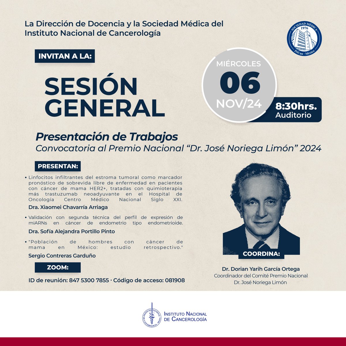 DocenciaIncan.MX (@docenciaincan) on Twitter photo La Dirección de Docencia y la Sociedad Médica del INCan invitan a la presentación de trabajos. Premio "Dr. José Noriega Limón" 2024, 6 de noviembre 08:30 hrs Auditorio INCan Vía Zoom us06web.zoom.us/j/84753007855... ID: 847 5300 7855 Código: 081908
<a href="/ogarrieta/">Oscar Arrieta</a> <a href="/Betzabe100/">Erika Ruiz-Garcia</a> <a href="/zapata_nidia/">nidia zapata</a> La Dirección de Docencia y la Sociedad Médica del INCan invitan a la presentación de trabajos. Premio "Dr. José Noriega Limón" 2024, 6 de noviembre 08:30 hrs Auditorio INCan Vía Zoom us06web.zoom.us/j/84753007855... ID: 847 5300 7855 Código: 081908
<a href="/ogarrieta/">Oscar Arrieta</a> <a href="/Betzabe100/">Erika Ruiz-Garcia</a> <a href="/zapata_nidia/">nidia zapata</a>