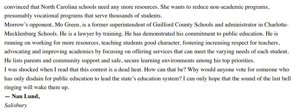 "School’s in session. Sit up and pay attention. Our schools and our school children are in danger. 

We are at risk of electing someone as state superintendent of public education who doesn’t believe in public education."

🖊️ By Nan Lund, Salisbury Post