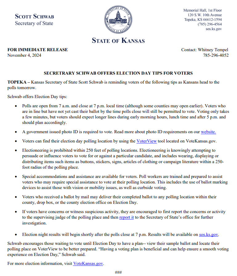 Release: Secretary Schwab Offers Election Day Tips For Voters #USElection2024 #ElectionDay #ksleg #kselections
