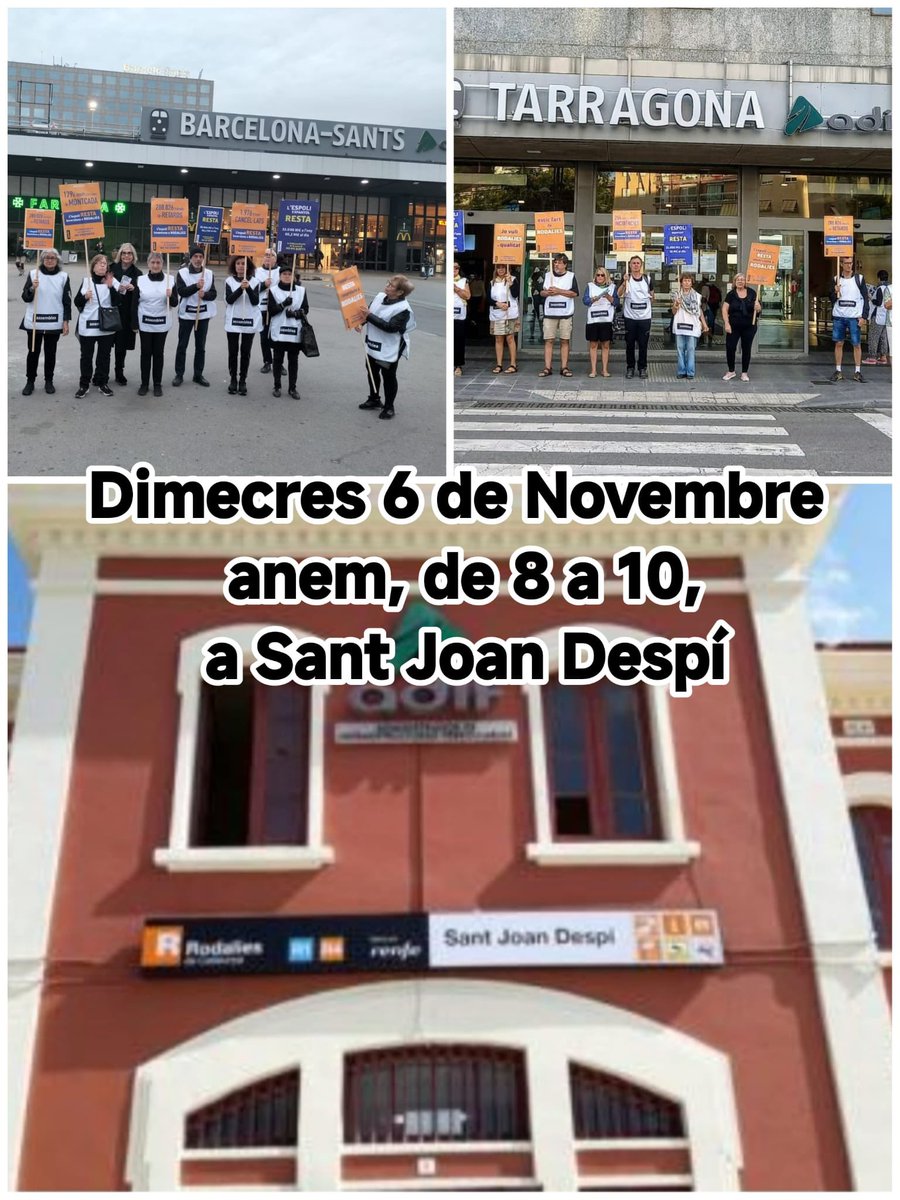 lescortsxindep's tweet photo. Aquest dimecres 6-N, nova acció de denúncia de l’espoli espanyol a Rodalies (l’acció del 30-O va ser suspesa per la ☔️).

Si esteu farts de retards, avaries, poca freqüència… us esperem a l’estació de Sant Joan Despí, de 8 a 10h!

Prou preses de pèl!
Stop espoli espanyol! https://t.co/5fxxUEekA7