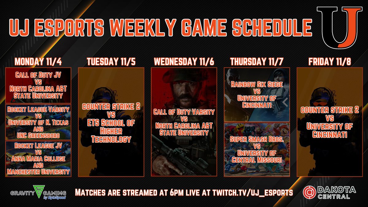 Here is your weekly schedule of games for the week! This is the last week of our regular season so let's cheer on our teams as they finish strong and transition into playoffs! twitch.tv/uj_esports