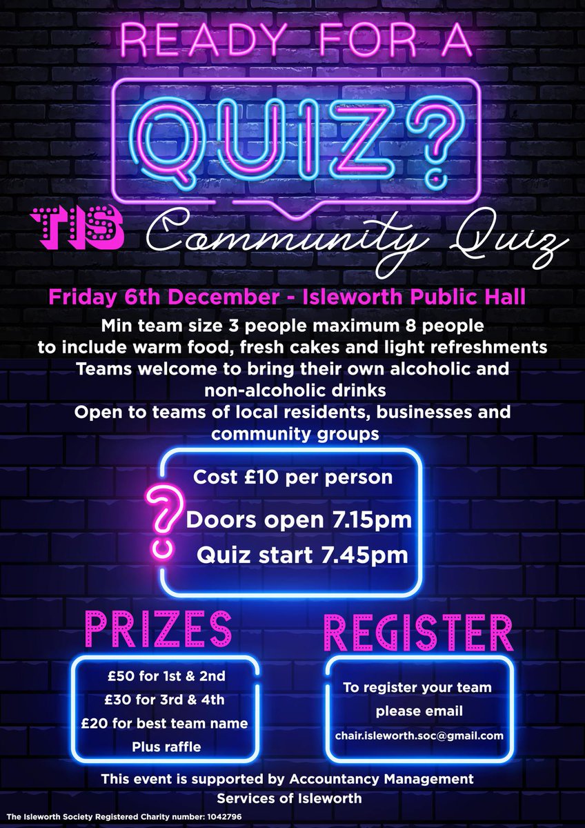 Isleworth Society quiz night- Friday 6th December @ Isleworth Public Hall. To book a team place email chair.isleworth.soc@gmail.com