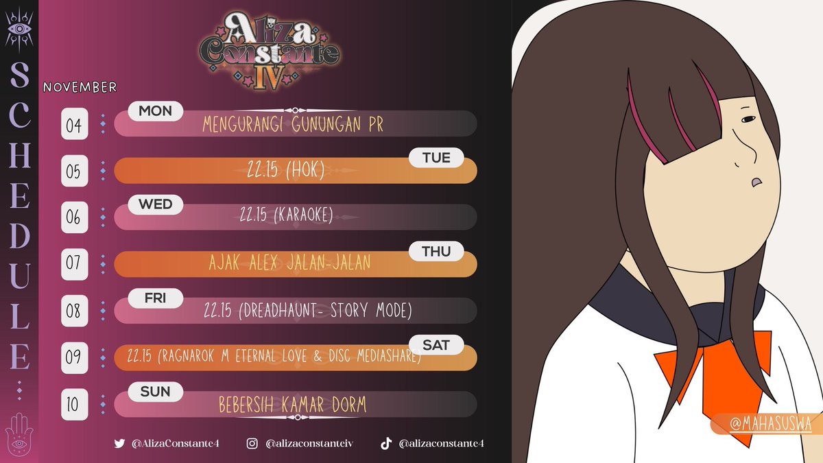 AlizaConstante4's tweet photo. Ohayou minna~! Inilah skejul untuk minggu ini.
HASHTAG
General : #AlizaConstanteIV
Live : #ConstanteLIVE
Art : #ConstARTe
Meme : #FUNstante
Clip : #CLIPstante
Fanname : #CONSTANTEAN https://t.co/ky7K53wnhz