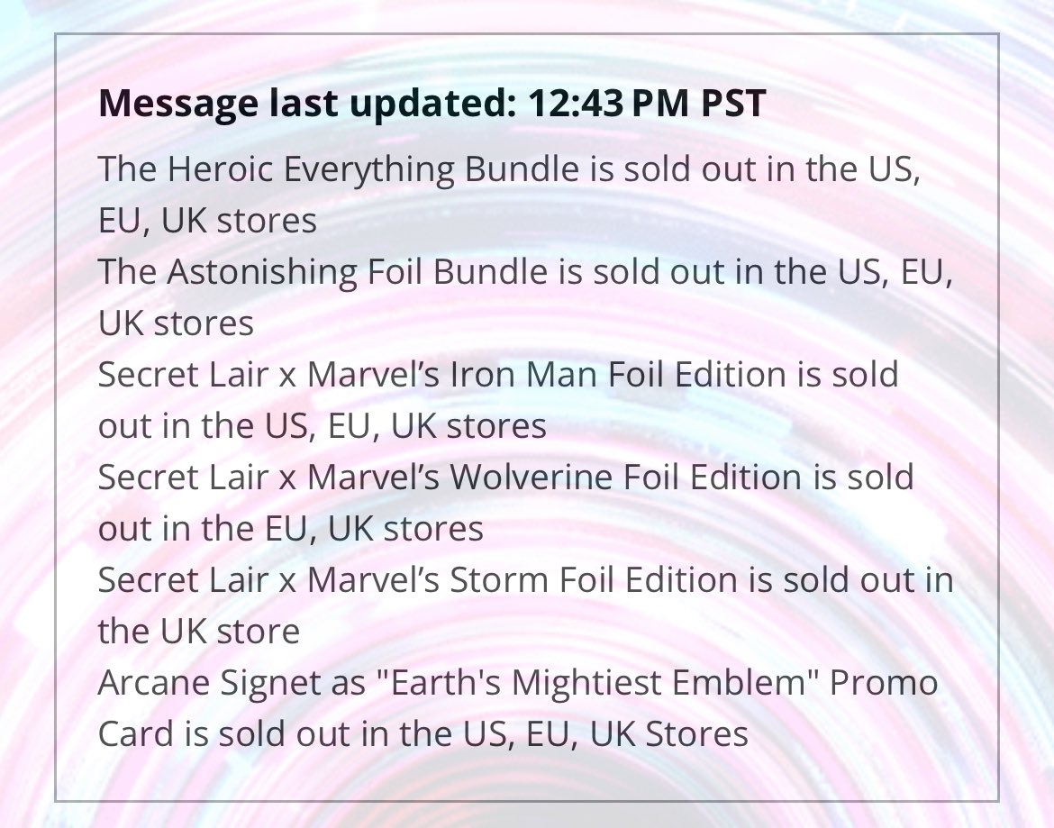 <a href="/MTGSecretLair/">MTG Secret Lair</a> What an absolute joke <a href="/MTGSecretLair/">MTG Secret Lair</a>.

I waited for 3 hours and 45 minutes only to get the message below 5 minutes before it was finally my turn.

I had my order in 2 minutes after the sale went live.

This is how you treat someone who has been playing since Legends?

Awful. 🙏