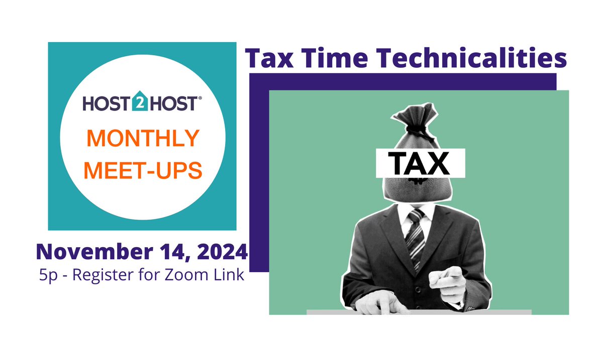 Did you know that short-term rental hosts are subject to a variety of local, state, and federal laws? You can catch-up on our blog (host2host.org/blog/13425409) or join the free-for-members Tax Technicalities workshop happening November 14th: host2host.org/event-5781613 #meetup #taxes