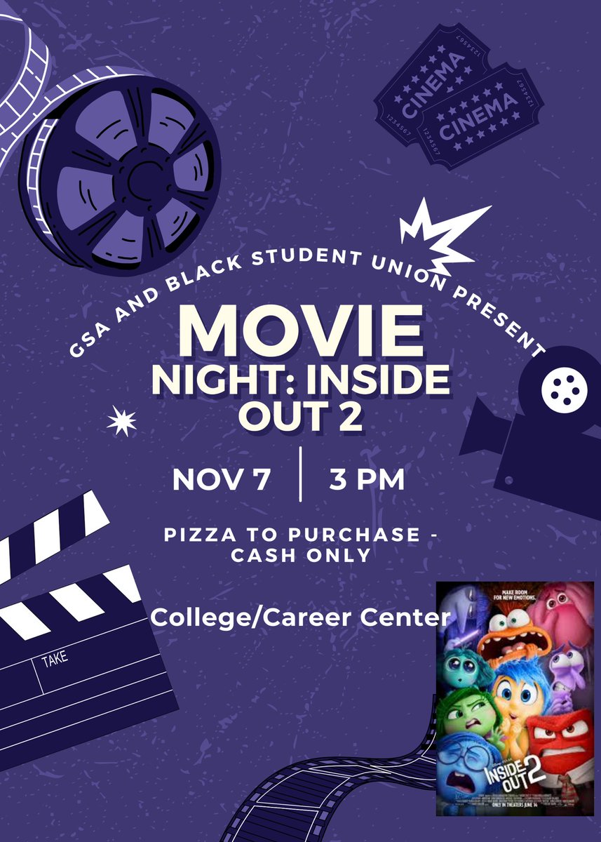 Come join BSU’s movie night. We are fundraising with GSA. Come hungry for some pizza 🍕 and a viewing of Inside Out 2!