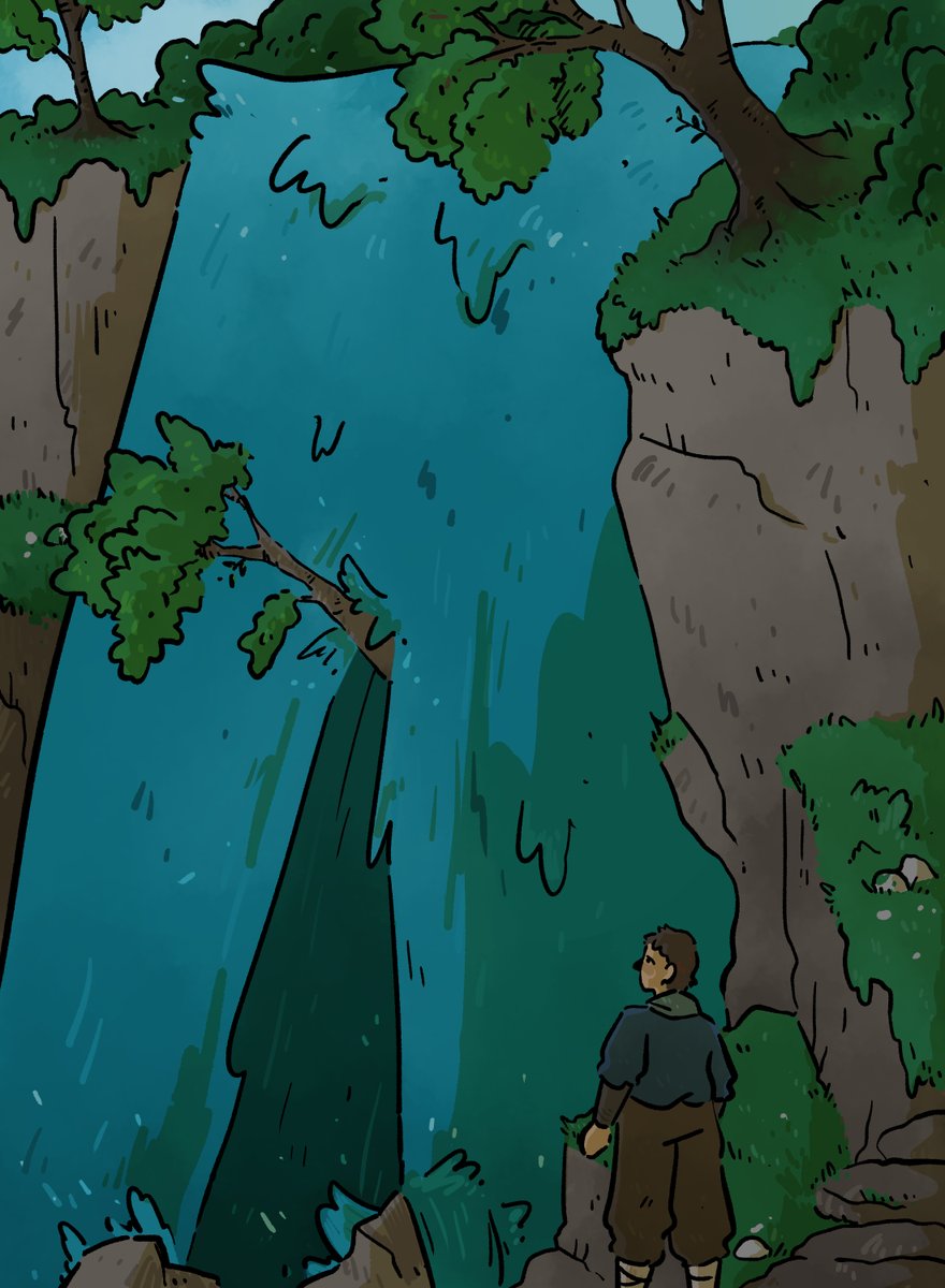Wagenshu's tweet photo. Une illustration dans l'univers de @Hens_world 
La grande cascade se déversant dans le lac d'Ulmo https://t.co/G3aH15O0ZQ