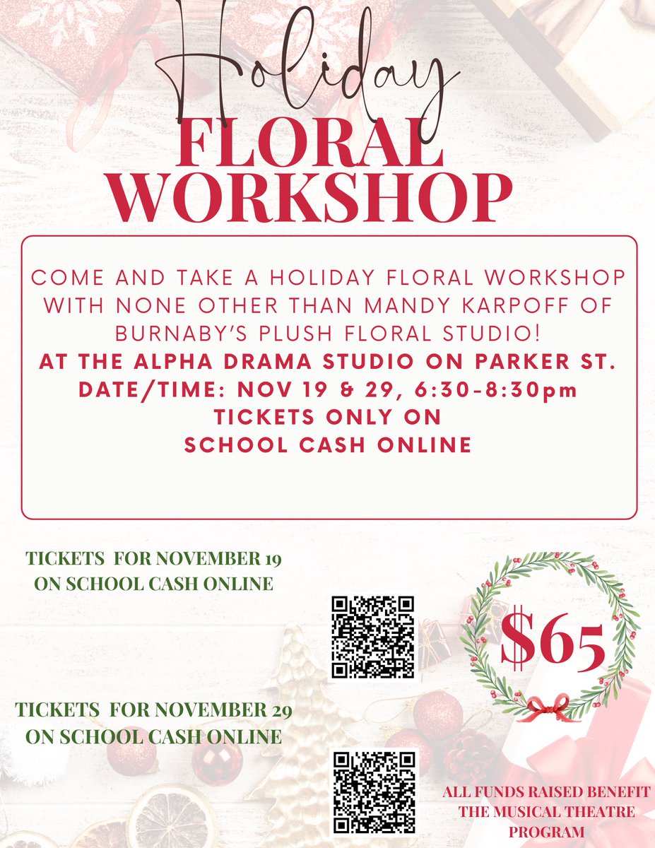 Cristina McAllister (@cristinamca41) on Twitter photo Alpha’s Musical Theatre Program is hosting 2 seasonal floral workshops taught by none other than Mandy Karpoff of Burnaby’s Plush Floral Studio! <a href="/PlushFloral/">Plush Floral Studio</a>
If you are interested, pop onto these links and book a spot to join us!
burnaby.schoolcashonline.com/Fee/Details/10…
burnaby.schoolcashonline.com/Fee/Details/10… Alpha’s Musical Theatre Program is hosting 2 seasonal floral workshops taught by none other than Mandy Karpoff of Burnaby’s Plush Floral Studio! <a href="/PlushFloral/">Plush Floral Studio</a>
If you are interested, pop onto these links and book a spot to join us!
burnaby.schoolcashonline.com/Fee/Details/10…
burnaby.schoolcashonline.com/Fee/Details/10…