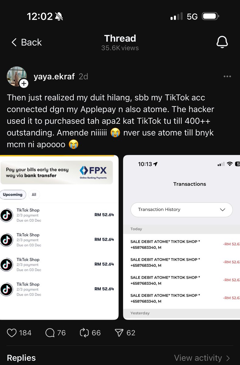 Korang jangan sesekali connect apa-apa platform dengan Applepay korang please. Hanya guna Applepay pada card terminal/wave terminal sahaja. 

Go and review your payment method dkt Tiktok nowww before lagi ramai kena!